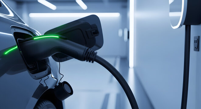 Electric Vehicle EV Charging in Modern High-Tech Garage