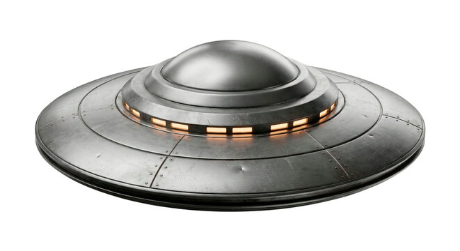 Photorealistic UFO Flying Saucer Isolated on Black Background