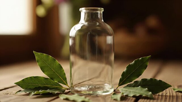 Elegant Still Life Glass Bottle on Rustic Wooden Table Surrounded by Fresh Green Bay Leaves with Blurred Window