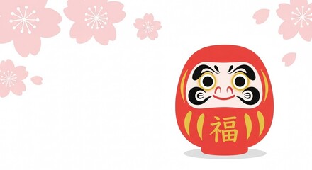 Spring Celebration with Sakura and Lucky Daruma Illustration｜Japanese Good Luck Symbol for Graduation, New Job and Moving