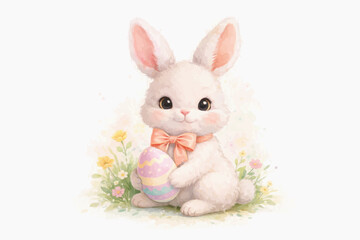 Fototapeta premium A vector graphic illustration of a cute Easter bunny holding a colorful egg in a field of flowers