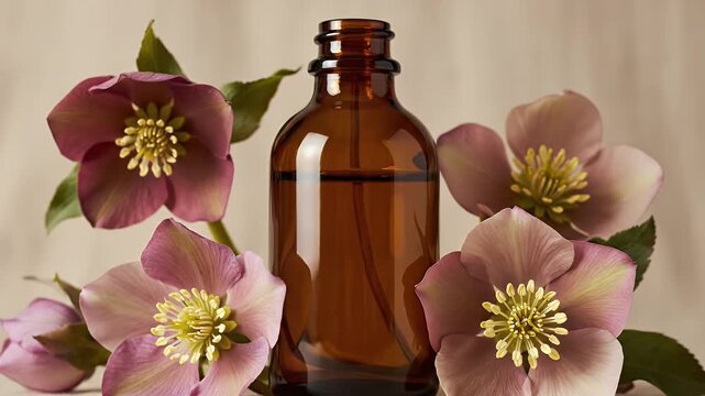Essential Oil in Amber Bottle Surrounded by Blooming Pink Hellebore Flowers on a Neutral Backdrop for Aromatherapy and