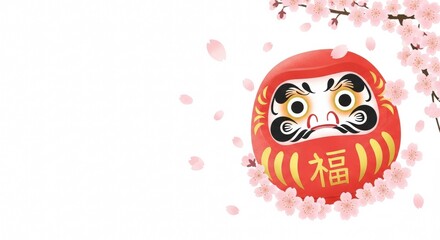 Spring Celebration with Sakura and Lucky Daruma Illustration｜Japanese Good Luck Symbol for Graduation, New Job and Moving