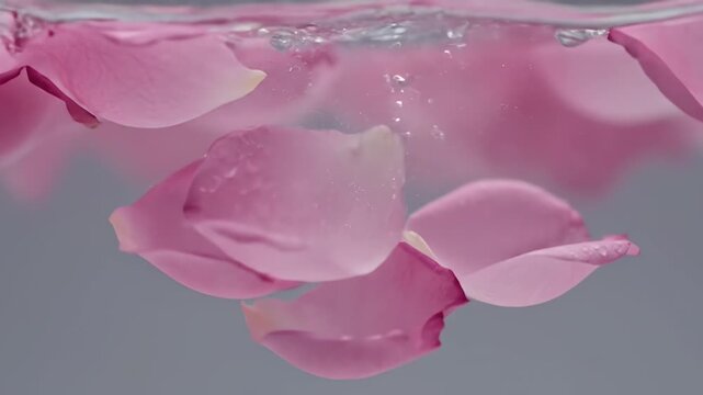 Floating Rose Petals in Clear Water against Soft Gray Backdrop Perfect for Beauty or Spa Concepts 190 characters