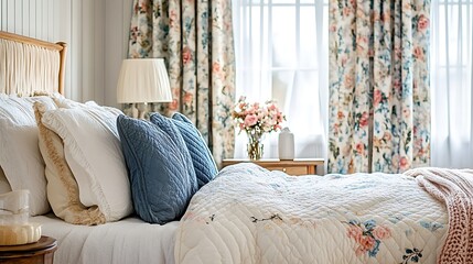 Cozy bedroom interior with floral bedding and curtains for home decor