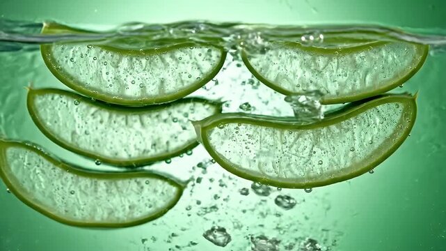 Fresh Aloe Vera Slices Floating in Water on Green Background for Natural Beauty and Wellness Products Advertisement
