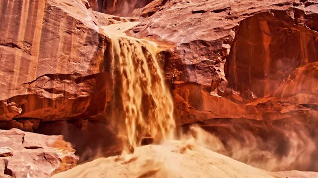 A small waterfall cascades down a rocky slope with rugged texture