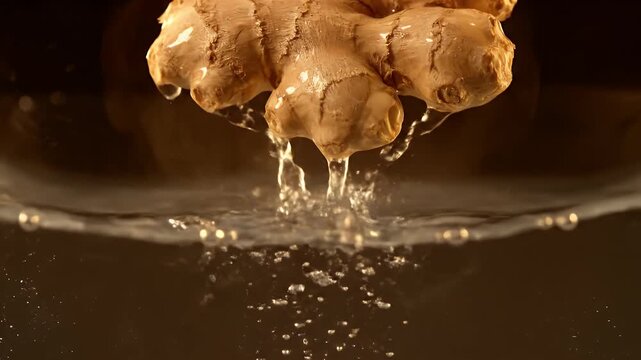 Fresh Ginger Root Splashing into Water on Dark Brown Backdrop Close-Up Shot for Culinary and Wellness Promotions