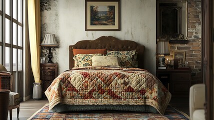 Cozy bedroom interior with ornate bed artwork and natural light ambiance