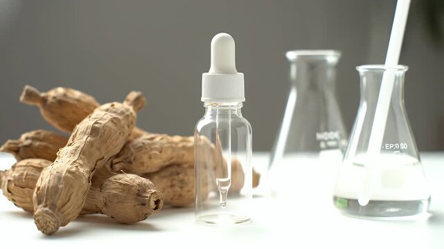 Galangal Roots with Clear Serum Bottle and Beakers on White Table Aromatherapy Essential Oil Production Ingredients