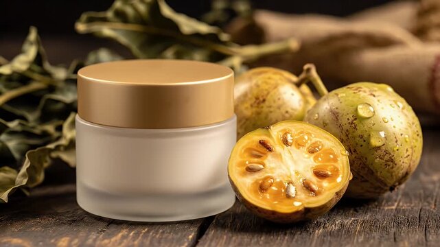 Gac Fruit and Cosmetic Jar on Wooden Table with Leaves and Burlap Background for Natural Skincare Beauty Product