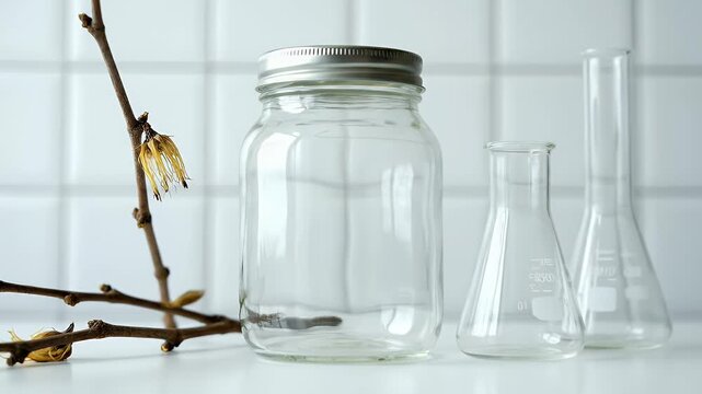 Glass Jar and Erlenmeyer Flasks Still Life with Branch on White Tile Background Study of Transparent Glassware