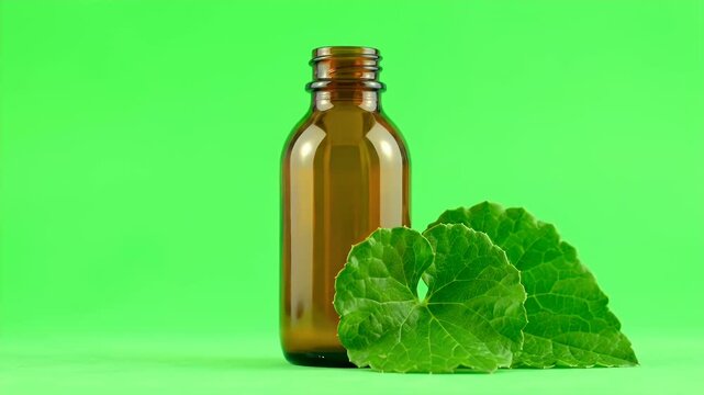 Gotu Kola Extract Bottle with Green Leaves Against Green Screen Background for Natural Medicine Promotion