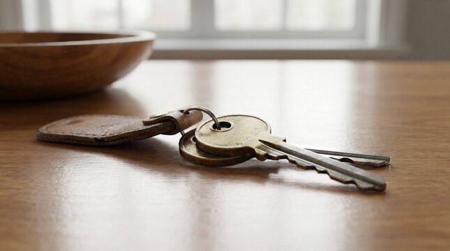 House Keys with Leather Keychain on a Wooden Table by a Window
