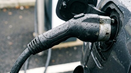 Electric car charging in the rain connector with water drops. Sustainable energy transportation and green technology concept.