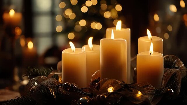 Christmas Candles with Lights and Ornaments.
