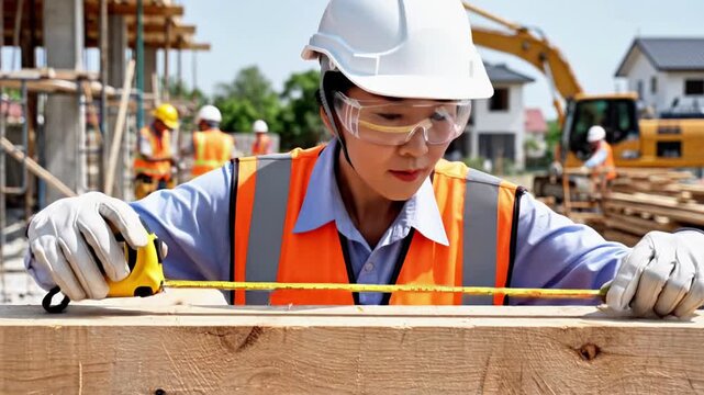 A construction worker measuring a wooden beam with a tape measure on a building site