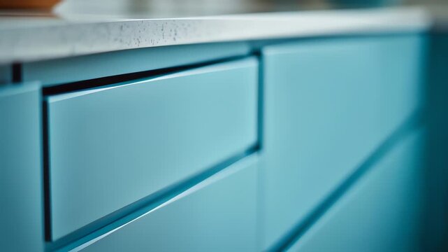 Hand Opening Blue Cabinet Drawer Slowly.