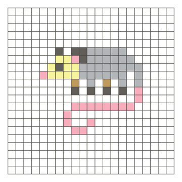 A flat pixel design made of geometric square color blocks on a clean grid layout. Pixel art possum