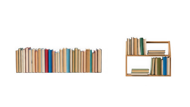 Colorful books on wooden bookshelves isolated on transparent background