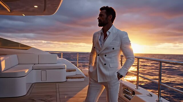Successful Gentleman in White Suit Contemplating Sunset on Luxury Superyacht Deck
