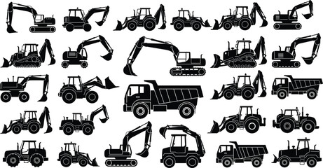 Collection of construction vehicle silhouettes featuring excavators, backhoes, loaders, dump trucks and heavy machinery equipment isolated on white background for industrial and engineering design use © SreeShontusChandra