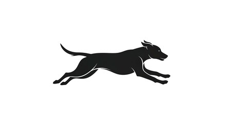 Fototapeta premium Silhouette of a black dog running at full speed, captured in a dynamic pose against a clean white background, showcasing its athletic build and energetic movement.