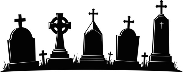 Gothic cemetery gravestones with Christian crosses silhouette illustration, black and white memorial tomb scene isolated for Halloween, funeral, religious symbolism, and dark vintage design projects