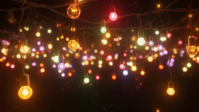 Cinematic close-up of fireflies illuminating the night market atmosphere at dusk with vibrant lights