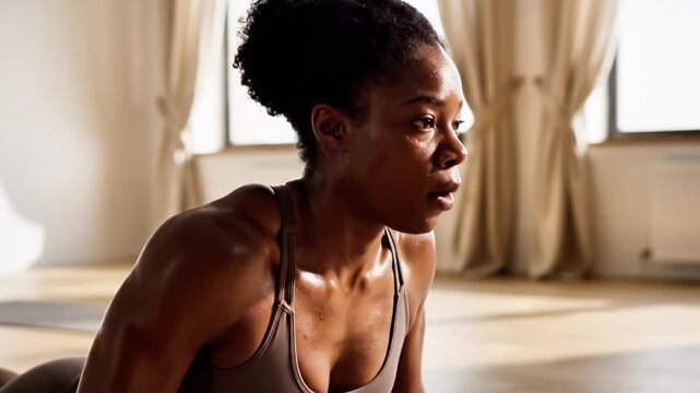 A focused dark-skinned woman with a determined expression wearing a sports bra, sweating in a well-lit room with curtains and windows