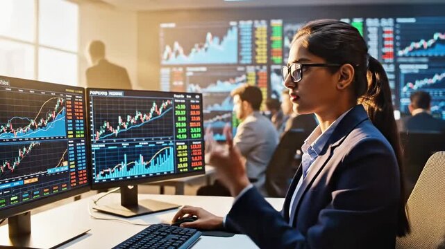 A woman with dark hair in a ponytail and glasses sits at a desk with two computer monitors displaying colorful graphs and charts, wearing a blue blazer