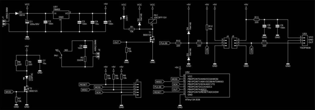 Schematic diagram of electronic device on paper sheet. Vector drawing electrical circuit with microcontroller, connector, voltage converter,
resistor, capacitor, diode, transistor, other components.