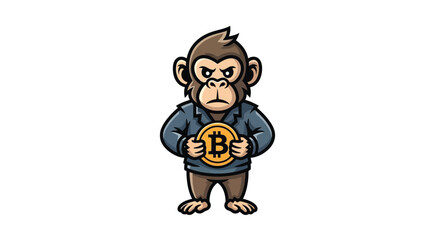 Fototapeta premium A cartoon monkey in a blue hoodie holding a large gold Bitcoin symbol on a white background with a serious expression.