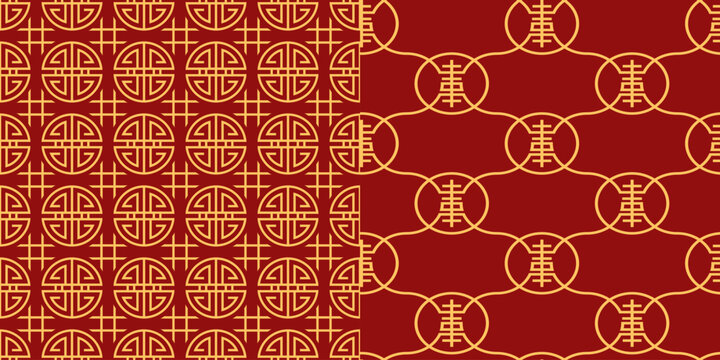 Asian oriental and Chinese Lunar New Year seamless patterns, vector backgrounds. Chinese ornament seamless pattern of geometric prosperity symbol of Lu or Fu signs and golden coin with hieroglyphs
