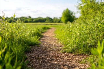Obraz premium Serene Pathway Connecting Two Open Natural Spaces in Lush Green Landscape