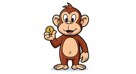 Fototapeta premium A cheerful cartoon monkey holding a coin on a white background with a playful mood.
