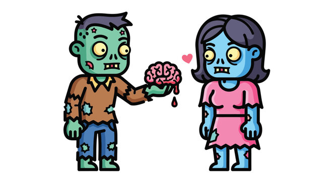 Cartoon illustration of a zombie offering a brain to a female zombie with a heart above their heads on a plain white background with a playful and spooky mood.