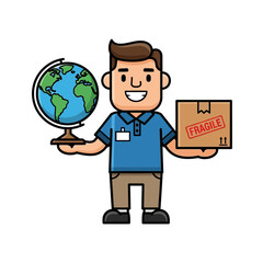 Man Holding Globe and Fragile Package for Global Delivery