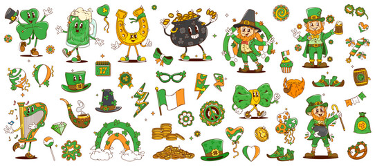 Obraz premium Cartoon groovy Saint Patrick's Day funny characters for Irish holiday, vector emoji. St Patrick groovy leprechaun with horseshoe and funny shamrock clover or rainbow and Irish flag with happy face