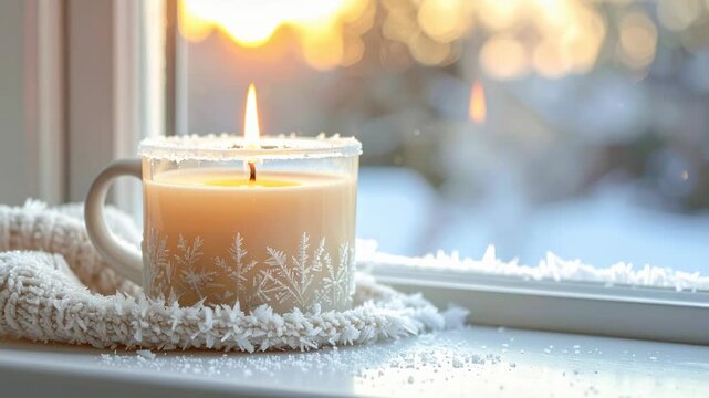 Cozy winter candle warm light by frosty window with sunrise glow and snowflake pattern on soft blanket relaxing morning peaceful mood home comfort holiday season hygge cafe scene for calm reading