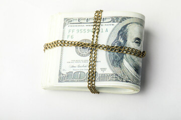 US Currency Bundle Wrapped in Gold Chain - Financial Security Asset