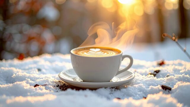 Cozy cafe winter morning steam coffee cup on snow with warm heart foam art book fantasy mood and glowing sunrise light peaceful quiet moment reading alone evoking calm atmosphere outdoors