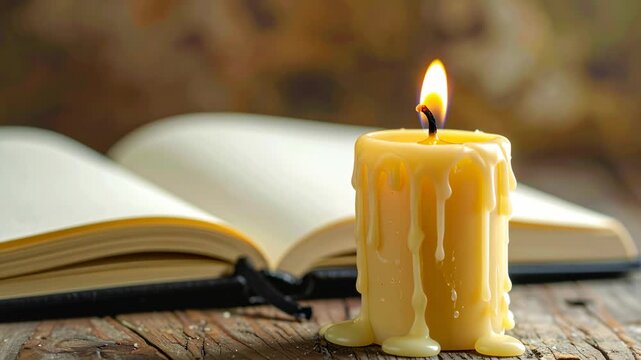 Cozy book cafe in winter with candle wax and warm flame glow on rustic wooden table near open book creating peaceful quiet reading corner and gentle light for relaxation