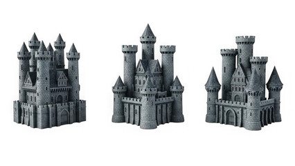 Three gray sandcastles with towers on transparent background isolated