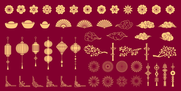 Oriental lunar New Year Asian design elements of Chinese and Japanese ornaments. Vector clouds, paper lanterns and fan, flowers and sakura blossoms, traditional knots borders and bamboo Asian element