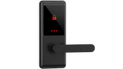 Modern black digital door lock with handle isolated on transparent background