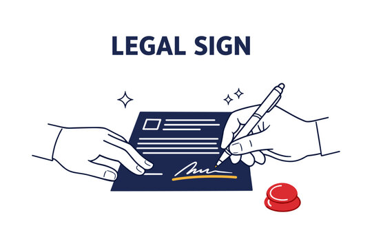 Illustrated legal document signing with two hands and red seal