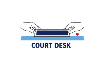 Illustration of hands holding tablet over blue court desk icon