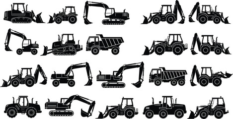 Set of construction vehicle silhouettes featuring excavators, backhoes, tractors, bulldozers and dump trucks arranged in rows, isolated on white background for industrial design use © SreemotiArponaBala