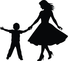 Silhouette mother and child holding hands walking together family bond love care parenthood protection childhood memory vector illustration isolated background